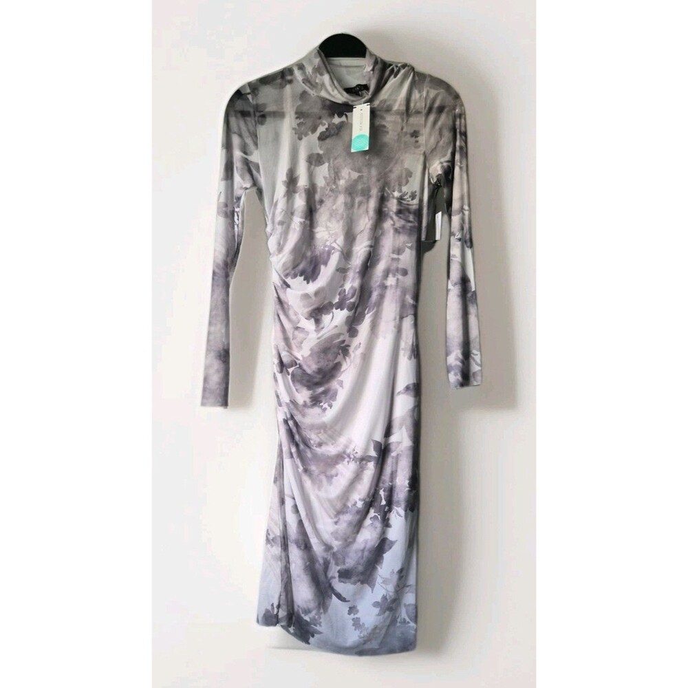 NWT - 1.STATE designer Floral Mesh Ruched High Neck Long Sleeve Midi Dress Sm